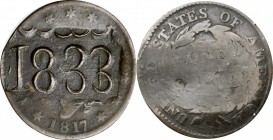 Counterstamps

1833 in a scalloped box punch on an 1817 Matron Head large cent. Brunk-Unlisted, Rulau-Unlisted. Host coin Very Good.

A large bold...