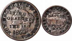 Counterstamps

WON : FROM : CYRUS : KINSBURY : ESQ / ON / BYING 6 / ORANGES / FEB 15 / 1860 on the obverse and WHERE . ARE . YOU . OLD . MAN . HEY ....