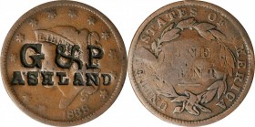 Counterstamps

G & P / ASHLAND on an 1838 Braided Hair large cent. Brunk G-6, Rulau-Unlisted. Host coin Fine.

Brunk gives no information as to is...