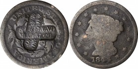 Counterstamps

RICHMOND / MNFG CO in a rounded box punch counterstamped twice on an 1844 Braided Hair large cent. Brunk-Unlisted, Rulau-Unlisted. Ho...