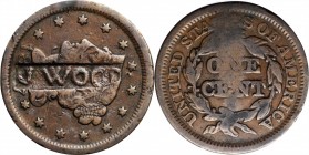 Counterstamps

J WOOD in a box punch on an 1847 Braided Hair large cent. Brunk W-813, Rulau-Unlisted. Host coin Fine.

This is the coin listed in ...