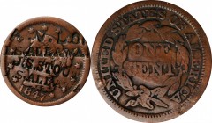 Counterstamps

A.V. LO(?) / L.S. ALLAWAY / J.S.STOUT / L.S. ALLAWA(Y) on an 1847 Braided Hair large cent. Brunk-Unlisted, Rulau-Unlisted. Host coin ...