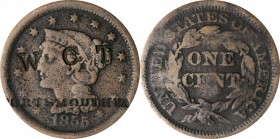 Counterstamps

W C T / PORTSMOUTH VA on an 1855 Braided Hair large cent. Brunk T-35, Rulau-VA 130. Host coin Fine.

Neither Brunk or Rulau give an...