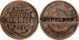 Counterstamps

COLLINS on the obverse and ASHELMAN on an 1864 Two-Cent piece. Brunk C-731, Rulau-Unlisted. Host coin Very Good.

It is not known i...