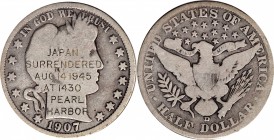 Counterstamps

JAPAN / SURRENDERED / AUG 14 1945 / AT 1430 / PEARL / HARBOR neatly on an 1907-D Barber half dollar 34-16, W-10-320a. Host coin Very ...