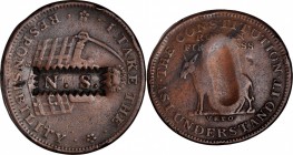 Counterstamps

N . S . in a serrated box punch on a circa 1833 Hard Times token. HT-70, Low-51, DeWitt-CE 1834-16, W-10-320a. Host coin Very Fine.
...