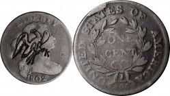 Counterstamps

(large eagle) on an 1802 Draped Bust large cent S-232. Brunk-Unlisted, Rulau-Unlisted. Host coin About Good.

Perched eagle with sw...
