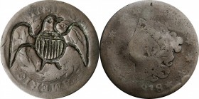 Counterstamps

(eagle) on an 1818 Matron Head large cent Brunk-Unlisted, Rulau-Unlisted. Host coin Good.

A round plump eagle with shield lines on...