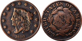 Counterstamps

(eagle) on an 1830 Matron Head large cent. Brunk-Unlisted, Rulau-Unlisted. Host coin Fine.

A defiant eagle with swept back wings, ...