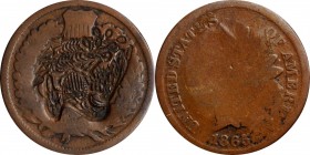 Counterstamps

(large eagle) on an 1865 Indian Head cent. Brunk-Unlisted, Rulau-Unlisted. Host coin Very Good.

From the Steve M. Tompkins Collect...