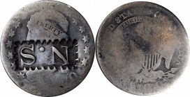 Counterstamps

N.S in a serrated box punch on an 1820 Capped Bust dime. Brunk-Unlisted, Rulau-Unlisted. Host coin Good.

Large well impressed earl...