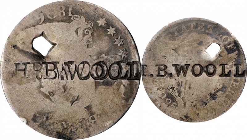 Counterstamps

H.B. WOOLL(S or EY) on an 1806 B-3 Draped Bust quarter. Brunk-U...