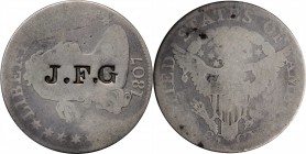 Counterstamps

J . F . G on an 1807 B-2 Draped Bust quarter. Brunk-Unlisted, Rulau-Unlisted. Host coin Good.

Large letters from a logo punch. Thi...