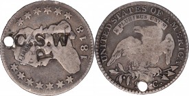 Counterstamps

C.S.W / P on an 1818/5 B-1 Capped Bust quarter. Brunk-Unlisted, Rulau-Unlisted. Host coin Very Good, but holed.

Large letters from...