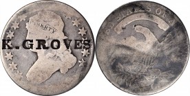 Counterstamps

K. GROVES on an 1819 B-2 Capped Bust quarter. Brunk-Unlisted, Rulau-Unlisted. Host coin Good.

Heavy large logo type stamp, well im...