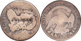 Counterstamps

J. BARNEY counterstamped twice on an 1821 B-3 Capped Bust quarter. Brunk-Unlisted, Rulau-Unlisted. Host coin Good.

Lighter more de...