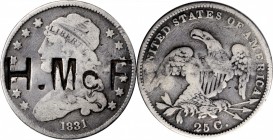 Counterstamps

H. McF(?) on an 1831 B-5 Capped Bust quarter. Brunk-Unlisted, Rulau-Unlisted. Host coin Very Fine.

Large logo type stamp, too larg...