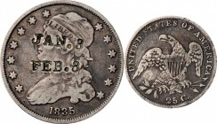 Counterstamps

JAN. 3 / FEB. 3 on an 1835 B-6 Capped Bust quarter. Brunk-Unlisted, Rulau-Unlisted. Host coin Very Fine.

From the Steve M. Tompkin...