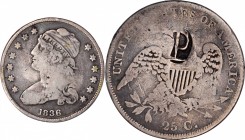 Counterstamps

P in a oval box punch on an 1836 B-3 Capped Bust quarter. Brunk-Unlisted, Rulau-Unlisted. Host coin Very Fine.

An unusual stamp on...