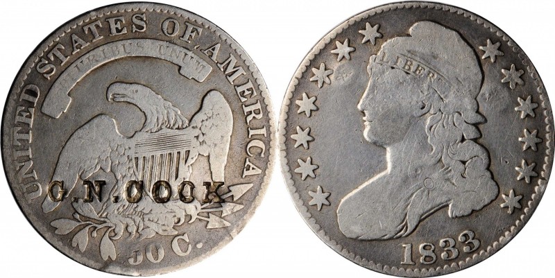 Counterstamps

G.N. COOK on an 1833 Capped Bust half dollar. Brunk-Unlisted, R...