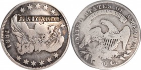 Counterstamps

J. RICARD. in a serrated box punch on an 1834 O-109 Capped Bust half dollar. Brunk-Unlisted, Rulau-Unlisted. Host coin Fine.

A wel...