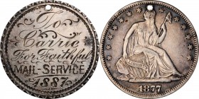 Engraved Coins, Love Tokens, and Coin Jewelry

Engraved Mail Service Award Fashioned out of an 1877-Dated Liberty Seated Half Dollar.

The reverse...