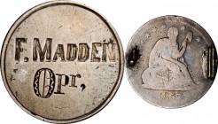 Engraved Coins, Love Tokens, and Coin Jewelry

Engraved Badge Fashioned out of an 1857 Liberty Seated Quarter. 

F. MADDEN / Opr, engraved on the ...