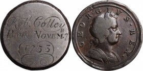 Engraved Coins, Love Tokens, and Coin Jewelry

Engraved Birth Token Fashioned out of a 1750s British Halfpenny.

ROBt COLLEY / BORN NOVEMr 7 / 175...