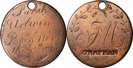 Engraved Coins, Love Tokens, and Coin Jewelry

Engraved Birth Token Fashioned out of a 1700s British Halfpenny.

SARAH URLWIN / BORN NOV r / THE 1...