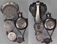 Engraved Coins, Love Tokens, and Coin Jewelry

Love Token Chatelaine made from 4 Silver coins. Total weight 85.4 grams. 

To a large curved silver...