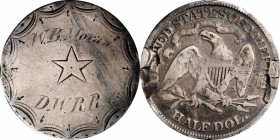 Engraved Coins, Love Tokens, and Coin Jewelry

Engraved Railroad Badge Fashioned out of a With Motto Liberty Seated Half Dollar. 

The obverse of ...