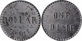 Politics - Bryan Money

1896 Bryan Dime. Schornstein-314, Zerbe-27. Type Metal, cast. About Uncirculated.

50 mm.

From the Norman G. Peters Col...