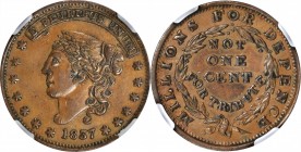 Hard Times Tokens

1837 Liberty - Not One Cent. HT-45, Low-30, W-11-110a. Rarity-2. Copper. Plain Edge. AU-58 BN (NGC).

28 mm.

From the Norman...