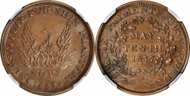 Hard Times Tokens

1837 May Tenth. HT-66, Low-47, W-11-320a. Rarity-1. Copper. Plain Edge. AU-58 BN (NGC).

28 mm.

From the Norman G. Peters Co...