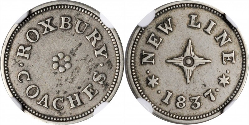 Hard Times Tokens

Massachusetts--Roxbury. 1837 Roxbury Coaches. HT-169, Low-1...