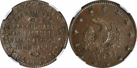 Hard Times Tokens

New York--New York. 1837 S. Maycock & Co. HT-290, Low-126, W-NY-740-15a. Rarity-1. Copper. Plain Edge. AU-58 BN (NGC).

27.7 mm...