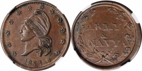 Patriotic Civil War Tokens

1863 French Liberty Head / ARMY & NAVY. Fuld-18/304 a. Rarity-6. Copper. Plain Edge. MS-62 BN (NGC).

19.5 mm.

From...