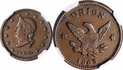 Patriotic Civil War Tokens

1863 Liberty Head / Heraldic Eagle. Fuld-31/279 a. Rarity-6. Copper. Plain Edge. AU-58 BN (NGC).

20 mm.

From the N...