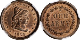 Patriotic Civil War Tokens

1863 Conical Cap Head / OUR ARMY. Fuld-45/332 d. Rarity-6. Copper-Nickel. Plain Edge. MS-66 (NGC).

19.5 mm.

From t...