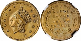 Patriotic Civil War Tokens

1863 Indian Princess / PENNY SAVED IS A PENNY EARNED. Fuld-54/430 b. Rarity-8. Brass. Plain Edge. MS-64 (NGC).

19.5 m...