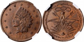 Patriotic Civil War Tokens

1863 Indian Head / Odd Fellows. Fuld-58/439 a. Rarity-3. Copper. Plain Edge. MS-62 BN (NGC).

25 mm.

From the Norma...