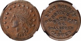 Patriotic Civil War Tokens

1863 Indian Head / $100 BOUNTY. Fuld-73/525 a, Fuld-OH-175C-13a. Rarity-4. Copper. Plain Edge. AU-58 BN (NGC).

19 mm....