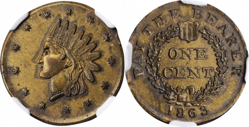 Patriotic Civil War Tokens

1863 Indian Head / PAY THE BEARER ONE CENT. Fuld-8...