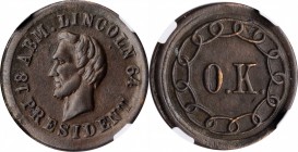 Patriotic Civil War Tokens

1864 Lincoln Portrait / O.K. Fuld-125/248 a, Cunningham 5-390C, King-197, DeWitt-AL 1864-47. Rarity-5. Copper. Plain Edg...