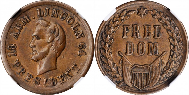 Patriotic Civil War Tokens

1864 Lincoln Portrait / FREE DOM. Fuld-125/294 a, ...