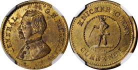 Patriotic Civil War Tokens

Undated (1864) McClellan Portrait / KNICKERBOCKER CURRENCY. Fuld-138/255 b, DeWitt-GMcC 1864-34. Rarity-5. Brass. Plain ...