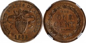 Patriotic Civil War Tokens

1863 Eagle on Shield / NOT ONE CENT L. ROLOFF. Fuld-197/378 a. Rarity-8. Copper. Plain Edge. MS-62 BN (NGC).

19.5 mm....