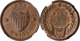 Patriotic Civil War Tokens

Undated (1861-1865) OUR UNION / FREE DOM. Fuld-201/295 d. Rarity-8. Copper-Nickel. Plain Edge. MS-63 (NGC).

19 mm.
...