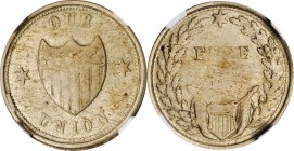 Patriotic Civil War Tokens

Undated (1861-1865) OUR UNION / FREE DOM. Fuld-201/295 j. Rarity-8. German Silver. Plain Edge. MS-63 (NGC).

19 mm.
...