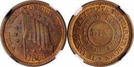 Patriotic Civil War Tokens

1863 THE FLAG OF OUR UNION / DIX. Fuld-207/410 a. Rarity-1. Copper. Plain Edge. MS-63 BN (NGC).

19.5 mm.

Estimate:...
